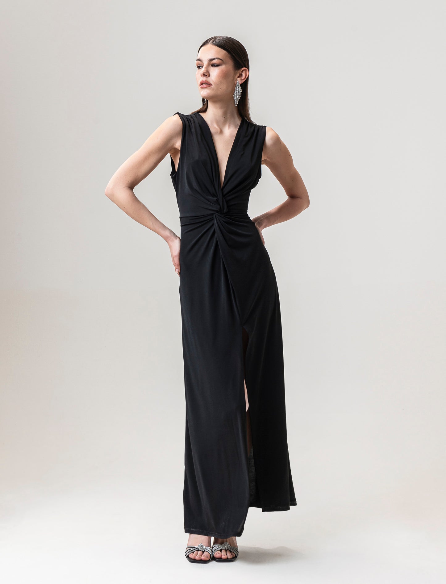 Elegant Sleeveless Crystal Detail Stretch Fabric Dress - Black