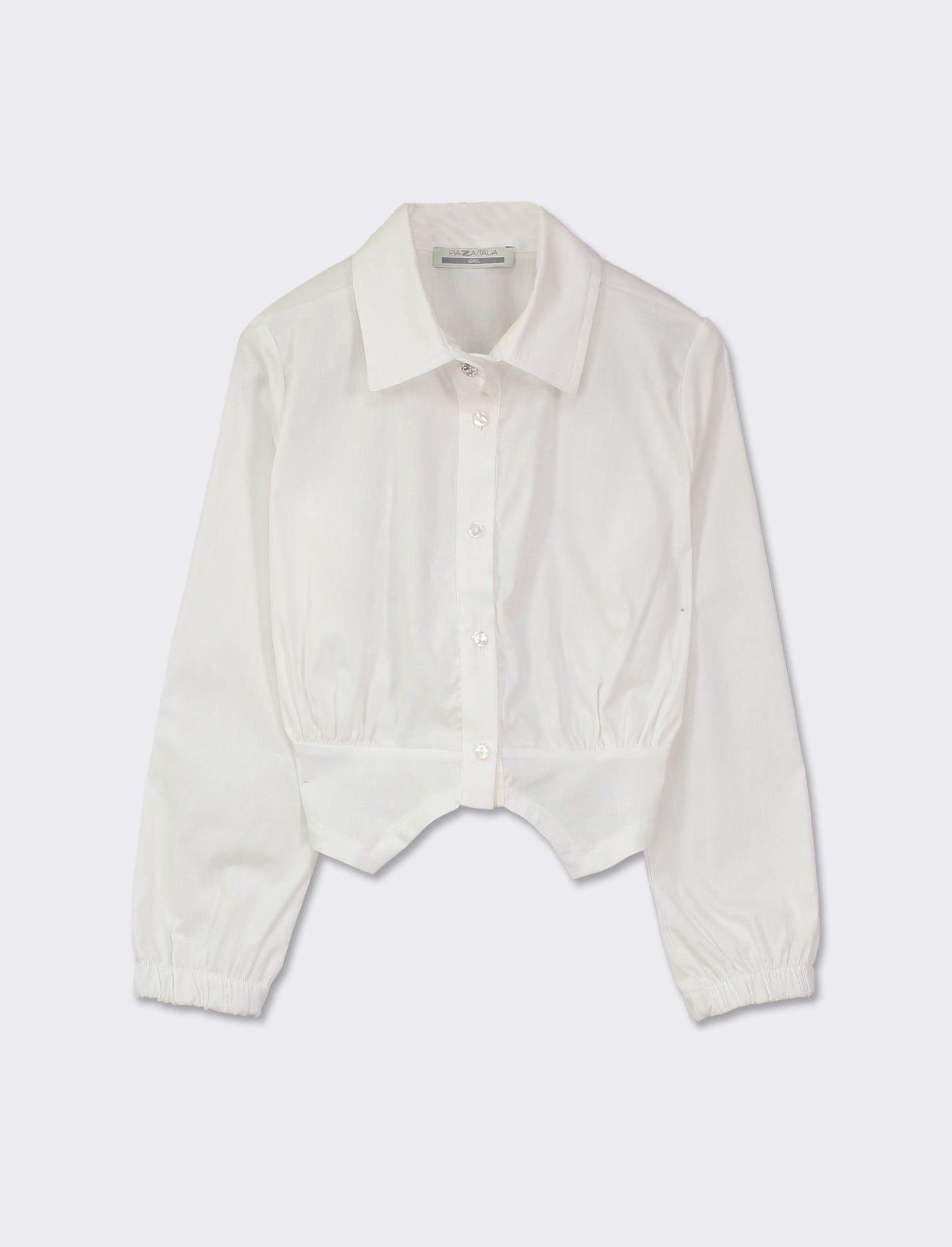 Cotton Stretch Long-Sleeve Shirt with Shaped Cuts and Ruched Front - White