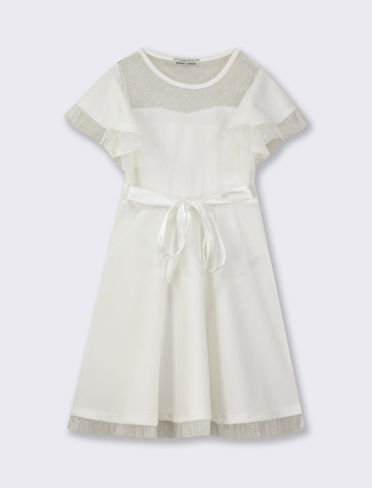 Bell Sleeve Dress with Polka Dot Tulle Neckline and Waist Bow - White