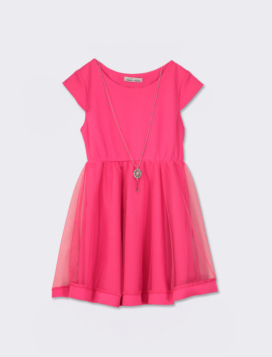 Elegant Summer Dress for Girls with Flared Skirt and Tulle Detail - Fuxia