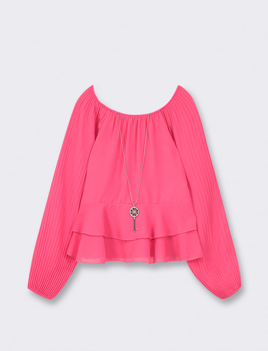 Long Sleeve Pleated Blouse with Elastic Neckline and Ruffled Hem + Necklace - Fuxia