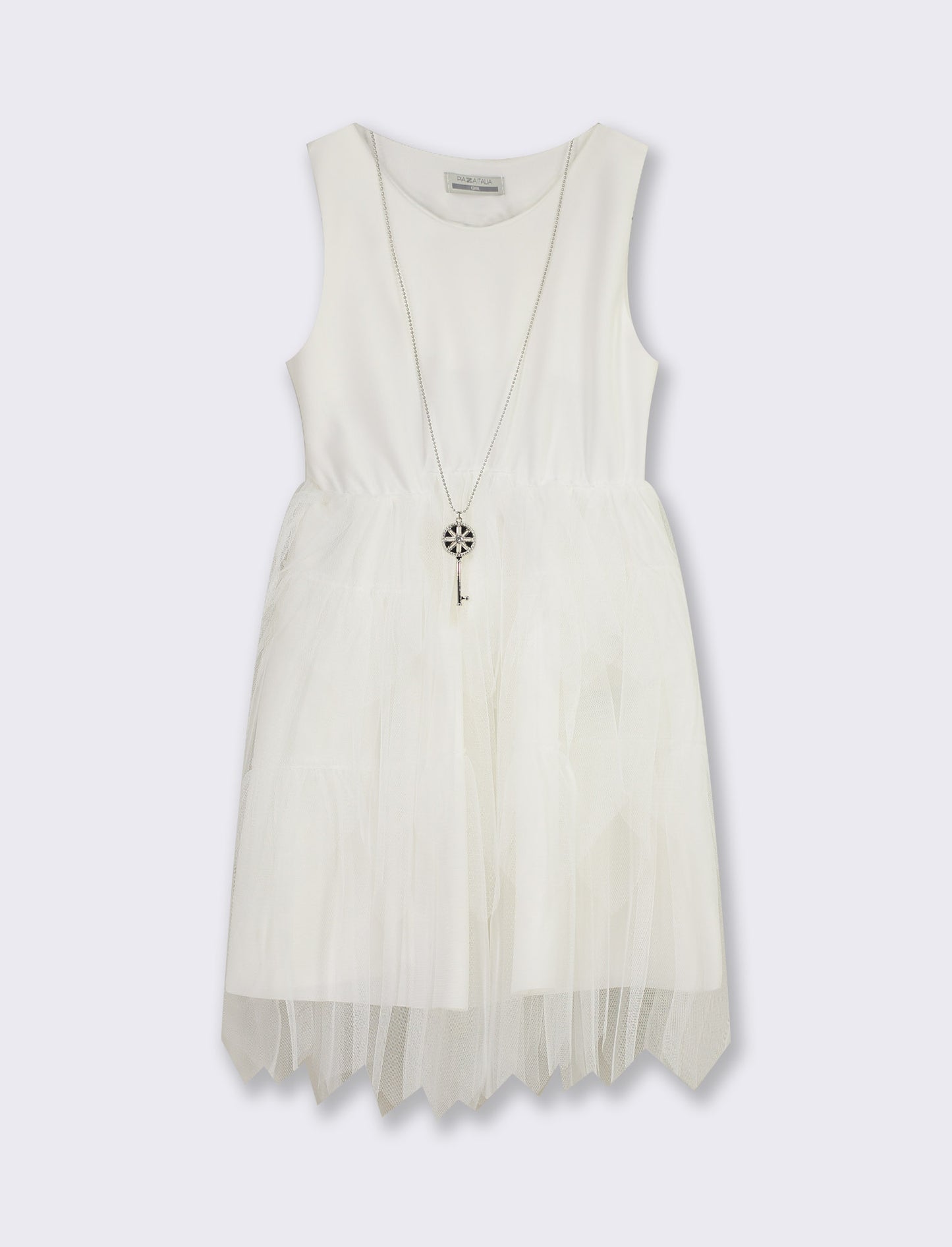 Summer Girl's Dress with Tiered Tulle Ruffles and Matching Pendant Necklace - White