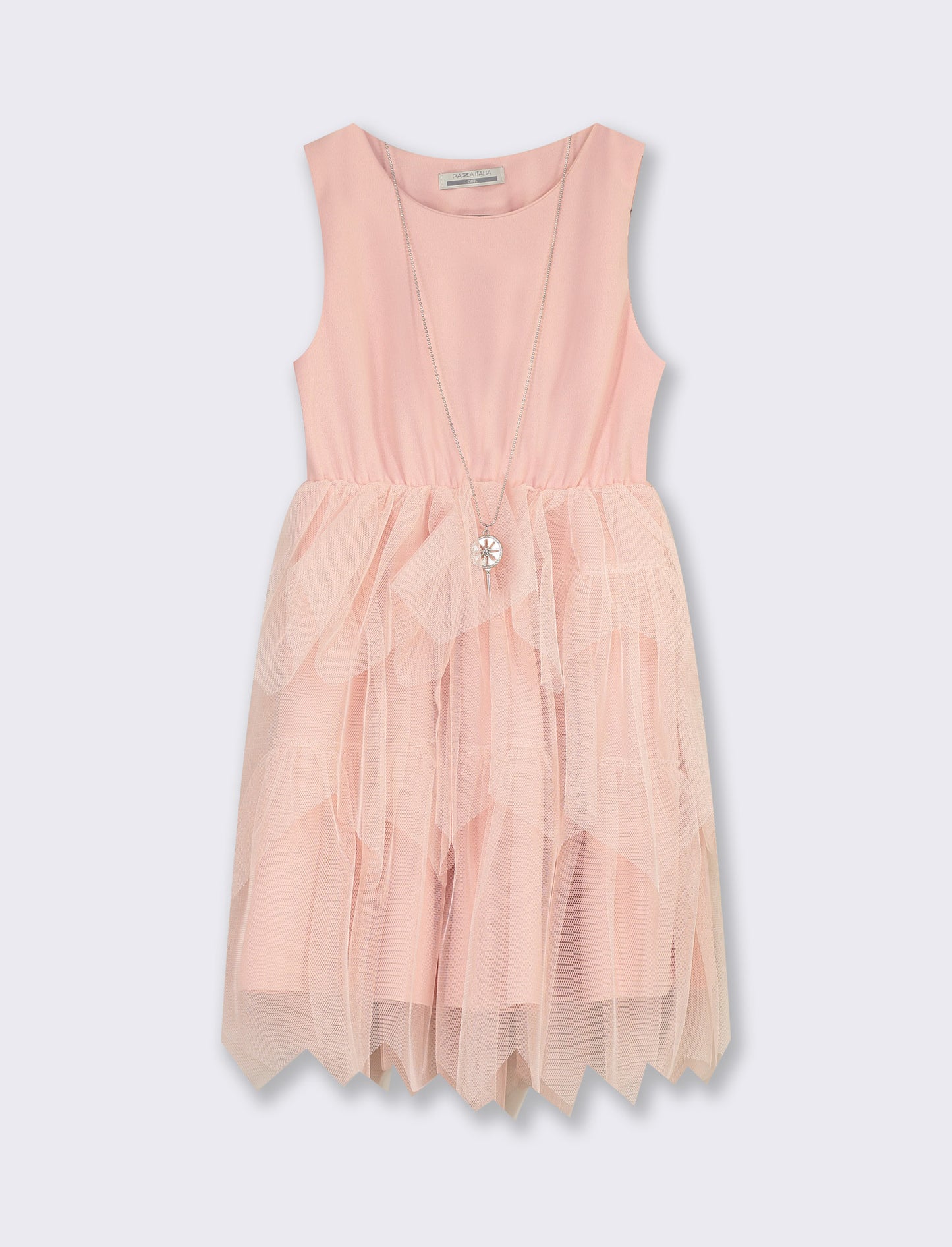 Summer Girl's Dress with Tiered Tulle Ruffles and Matching Pendant Necklace - Pink