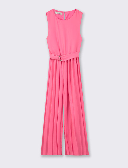 Lightweight Plisse Sleeveless Jumpsuit with Waist Belt and Metal Buckle - Pink