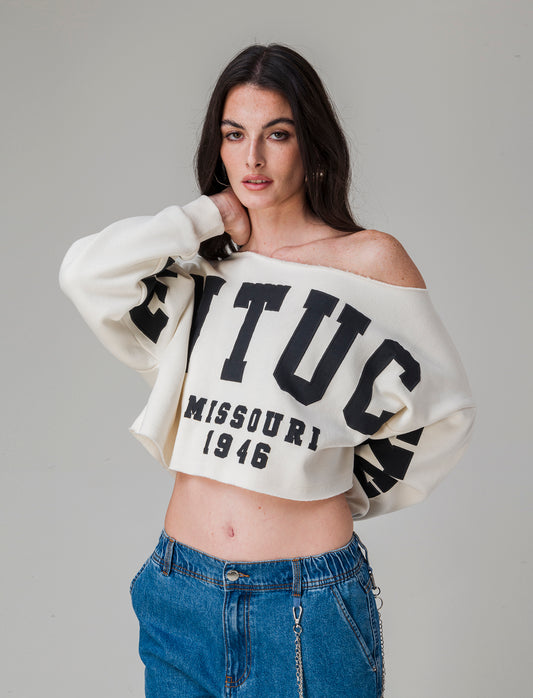 Felpa crop off shoulder da donna - Avorio