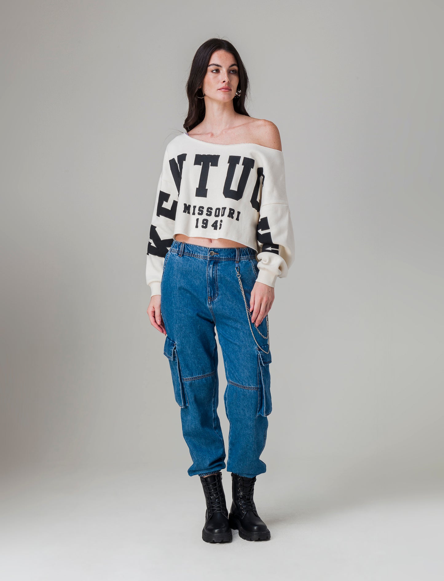 Felpa crop off shoulder da donna - Avorio