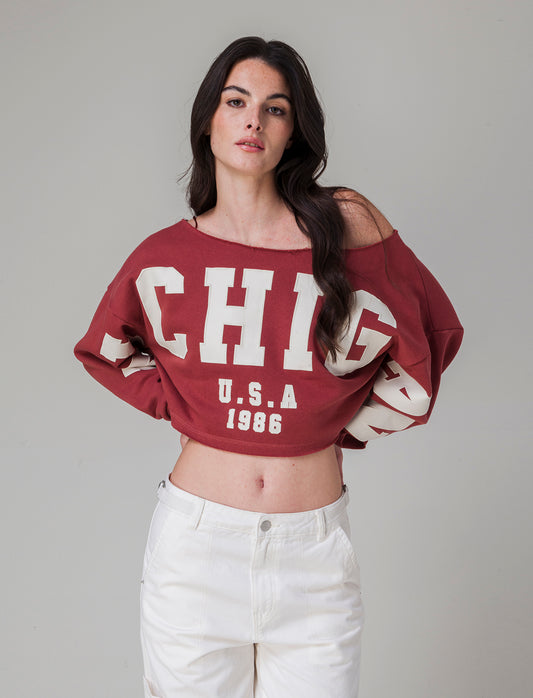Felpa crop off shoulder da donna - Rosso mattone