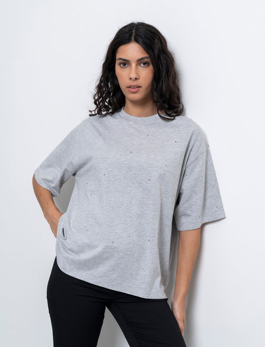 T-shirt con applicazioni da donna - Grigio chiaro