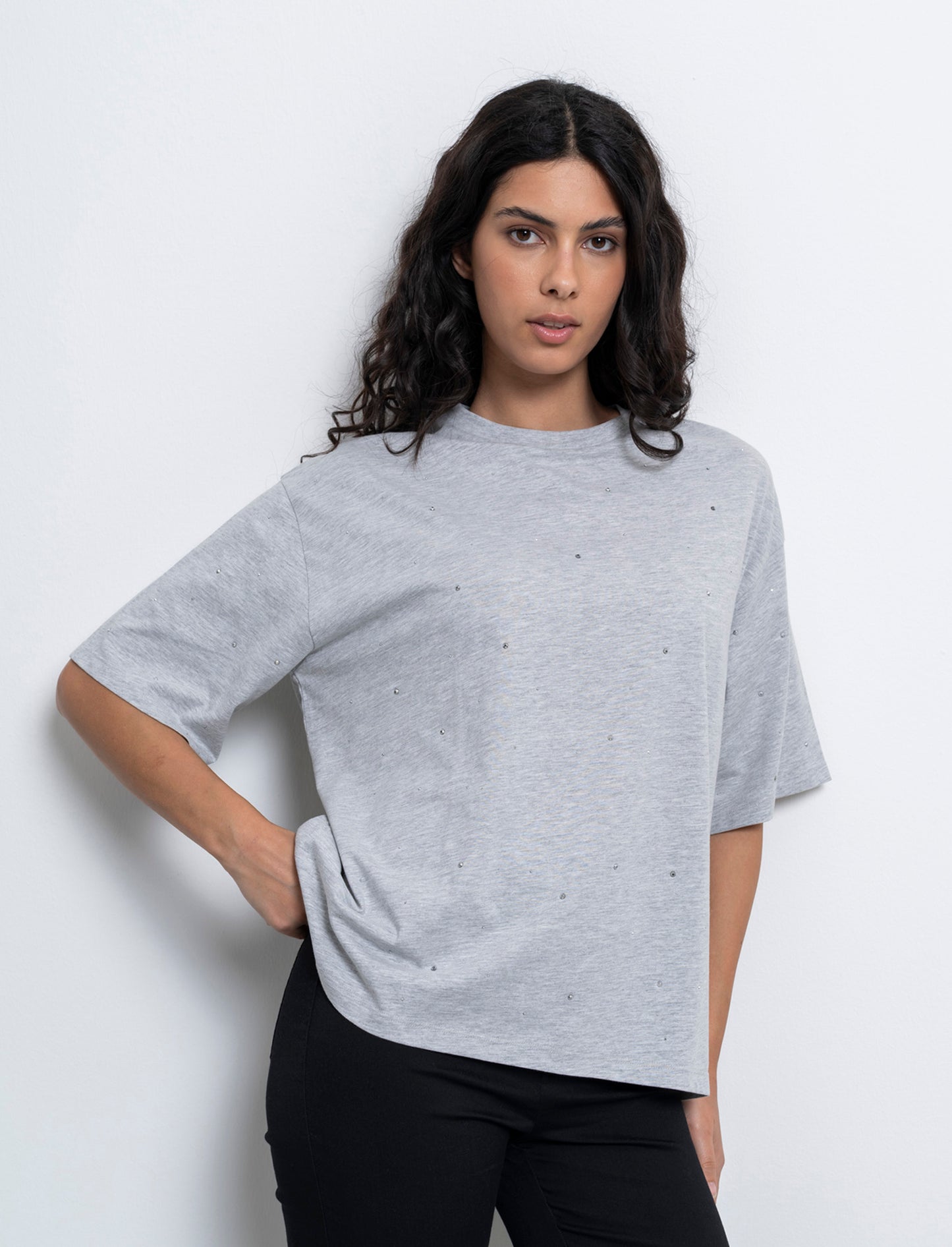 T-shirt con applicazioni da donna - Grigio chiaro