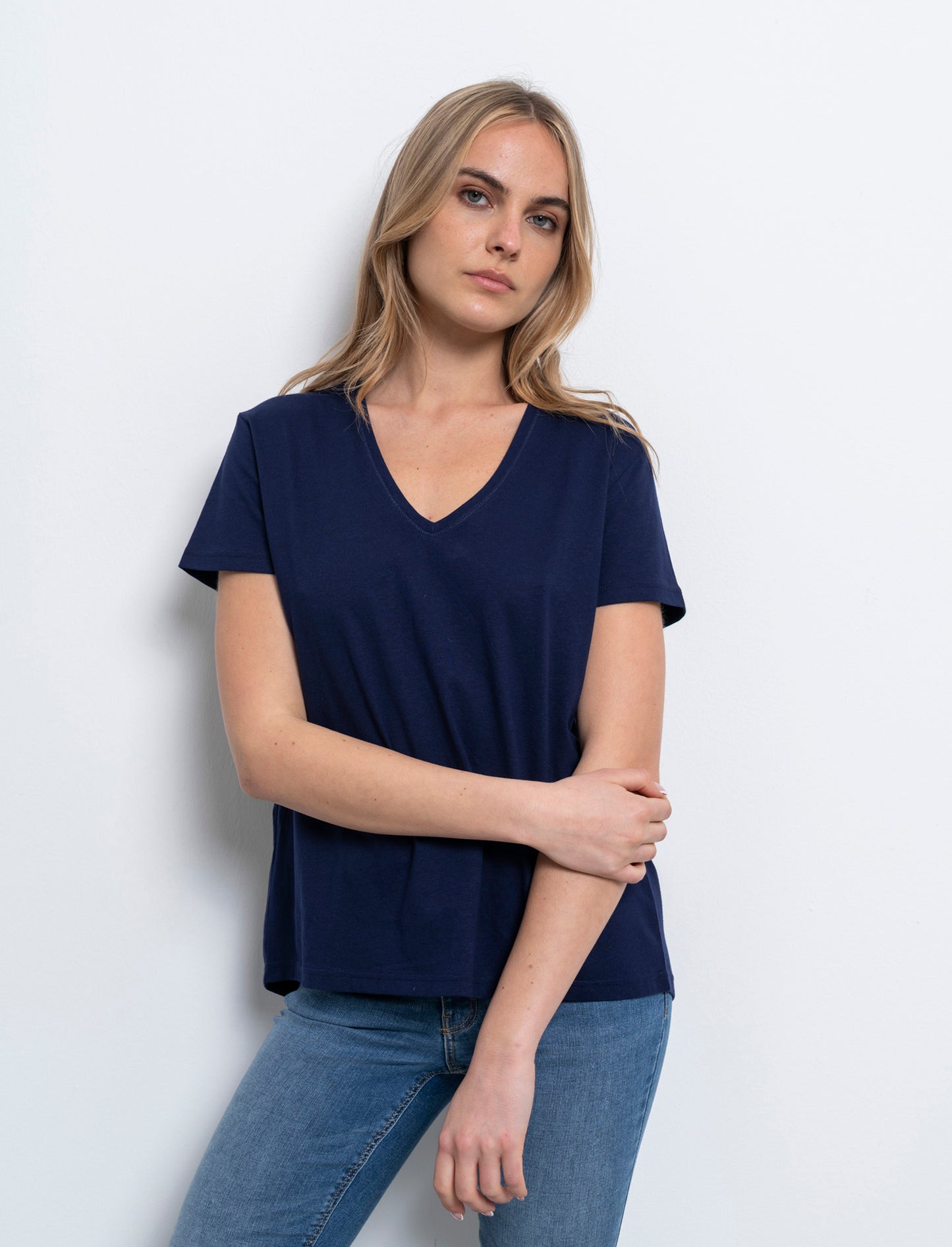 T-shirt scollo a v da donna - Blu