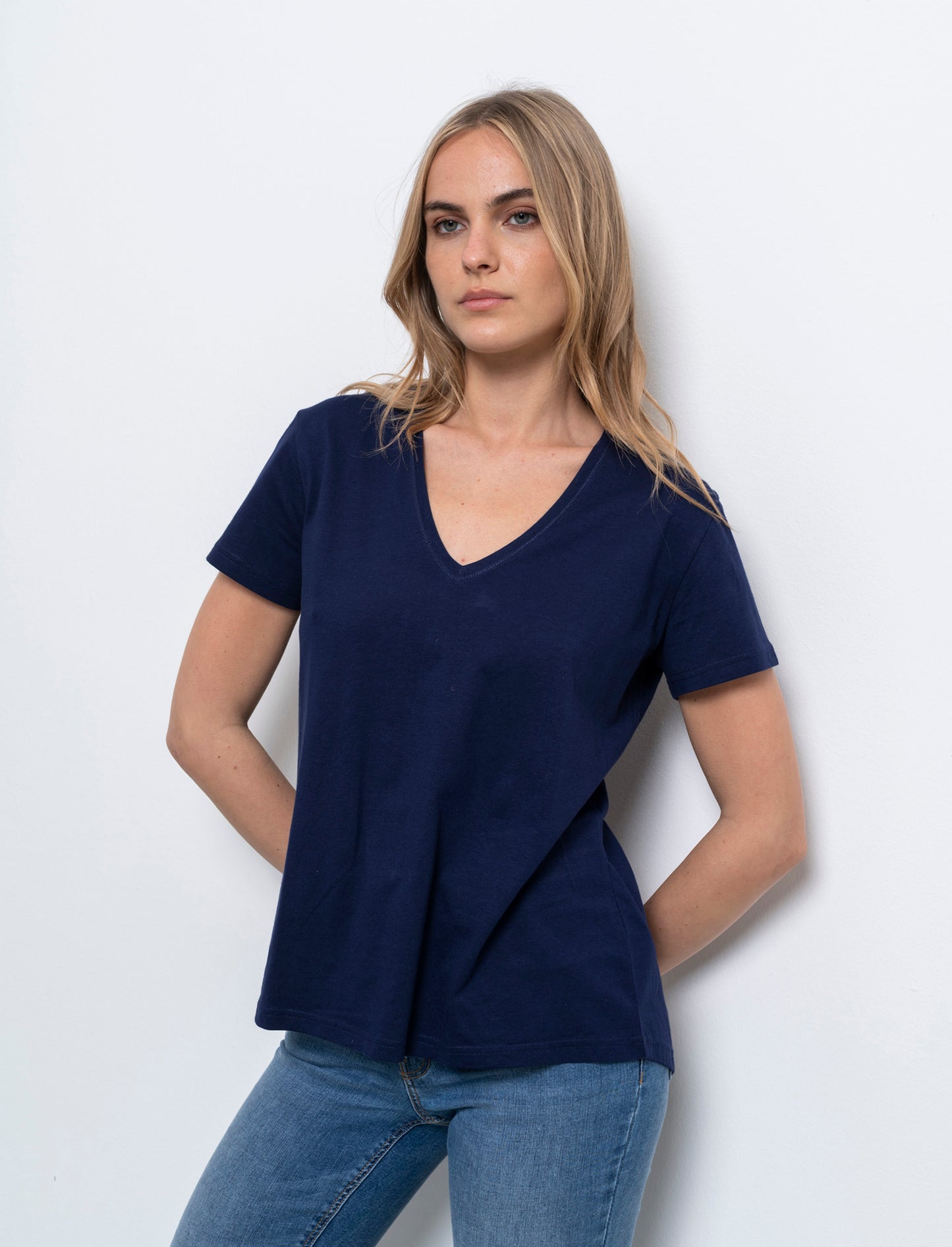 T-shirt scollo a v da donna - Blu