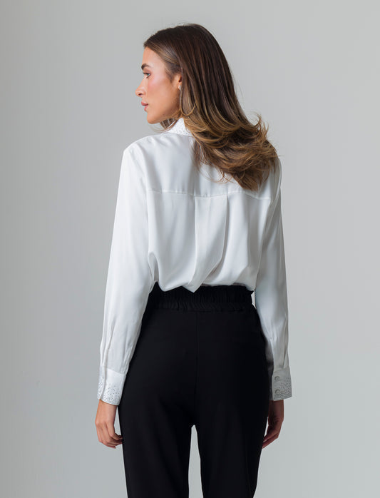 Camicia manica lunga in satin con strass da donna - Bianco panna