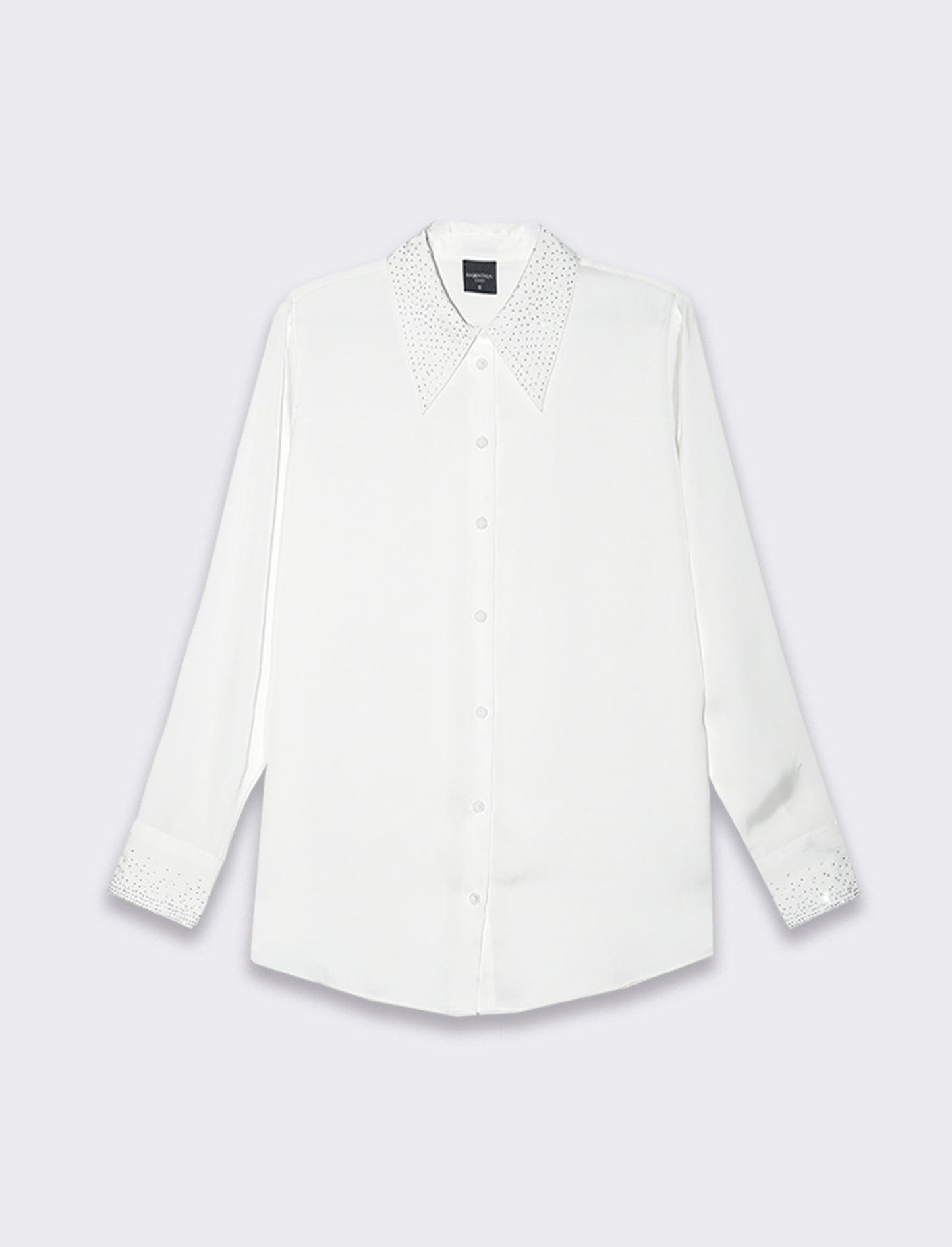 Woman's satin long sleeve shirt with neck embellishments - White