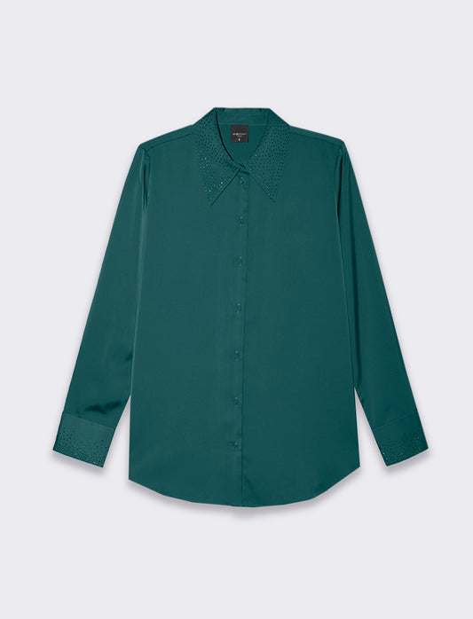 Woman's satin long sleeve shirt with neck embellishments - Green