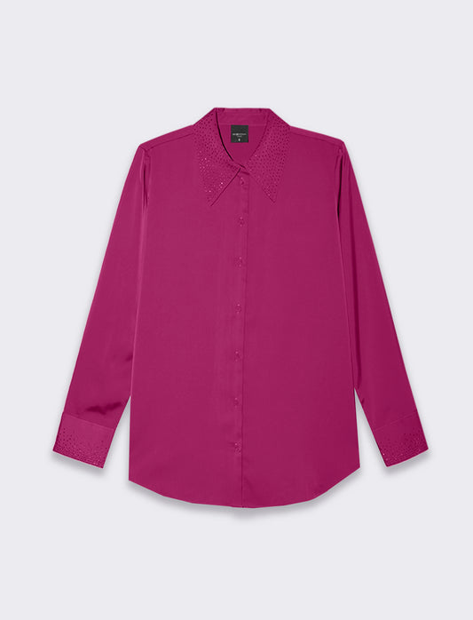 Woman's satin long sleeve shirt with neck embellishments - Red
