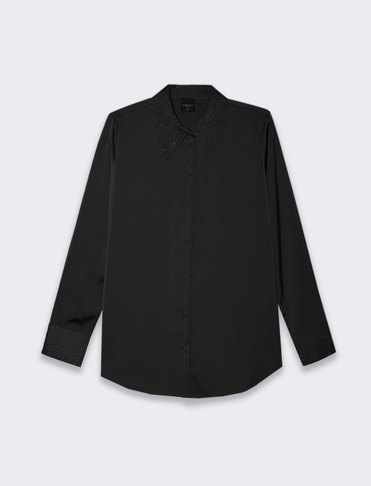 Woman's satin long sleeve shirt with neck embellishments - Black
