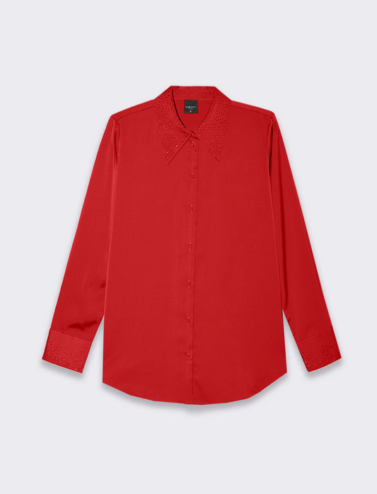 Woman's satin long sleeve shirt with neck embellishments - Red