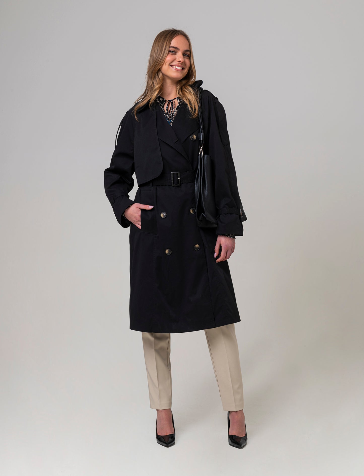 Trench doppio petto da donna - Nero