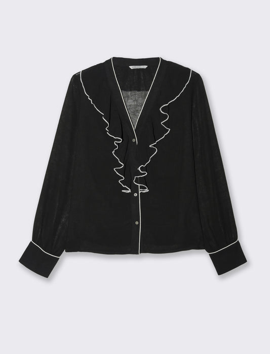 Camicia scollo a v e rusche da donna - Nero