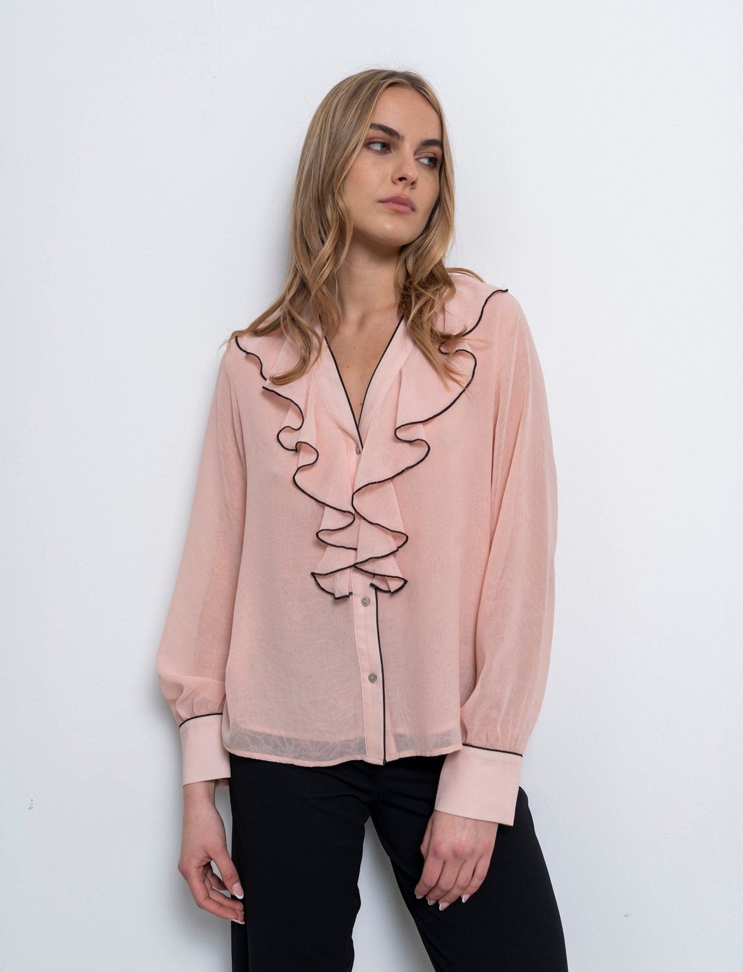 Camicia scollo a v e rusche da donna - Beige carne