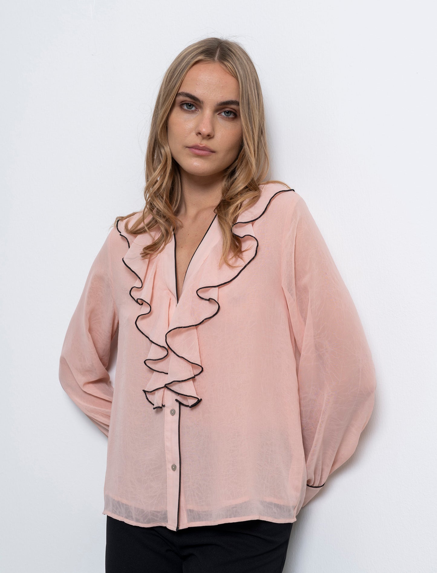 Camicia scollo a v e rusche da donna - Beige carne