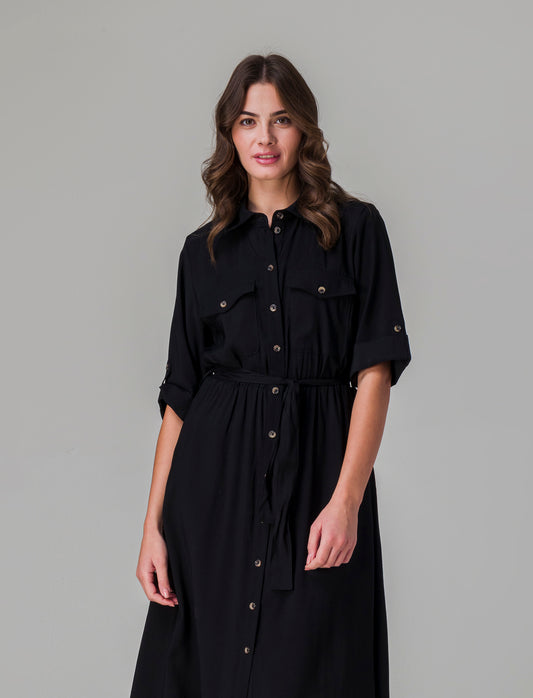 Vestito chemisier con cintura da donna - Nero