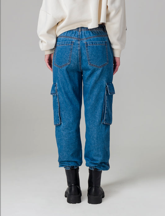 Denim jogger cargo da donna - Denim chiaro