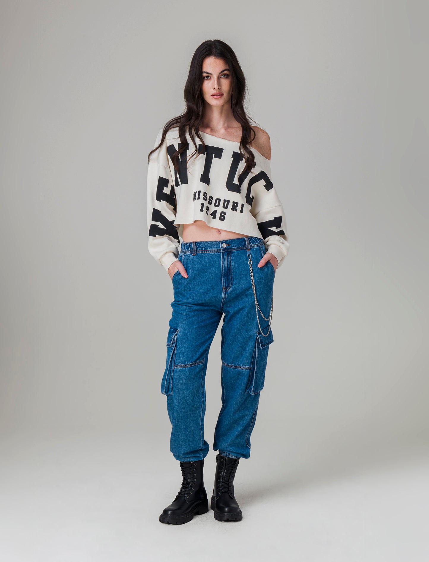 Denim jogger cargo da donna - Denim chiaro