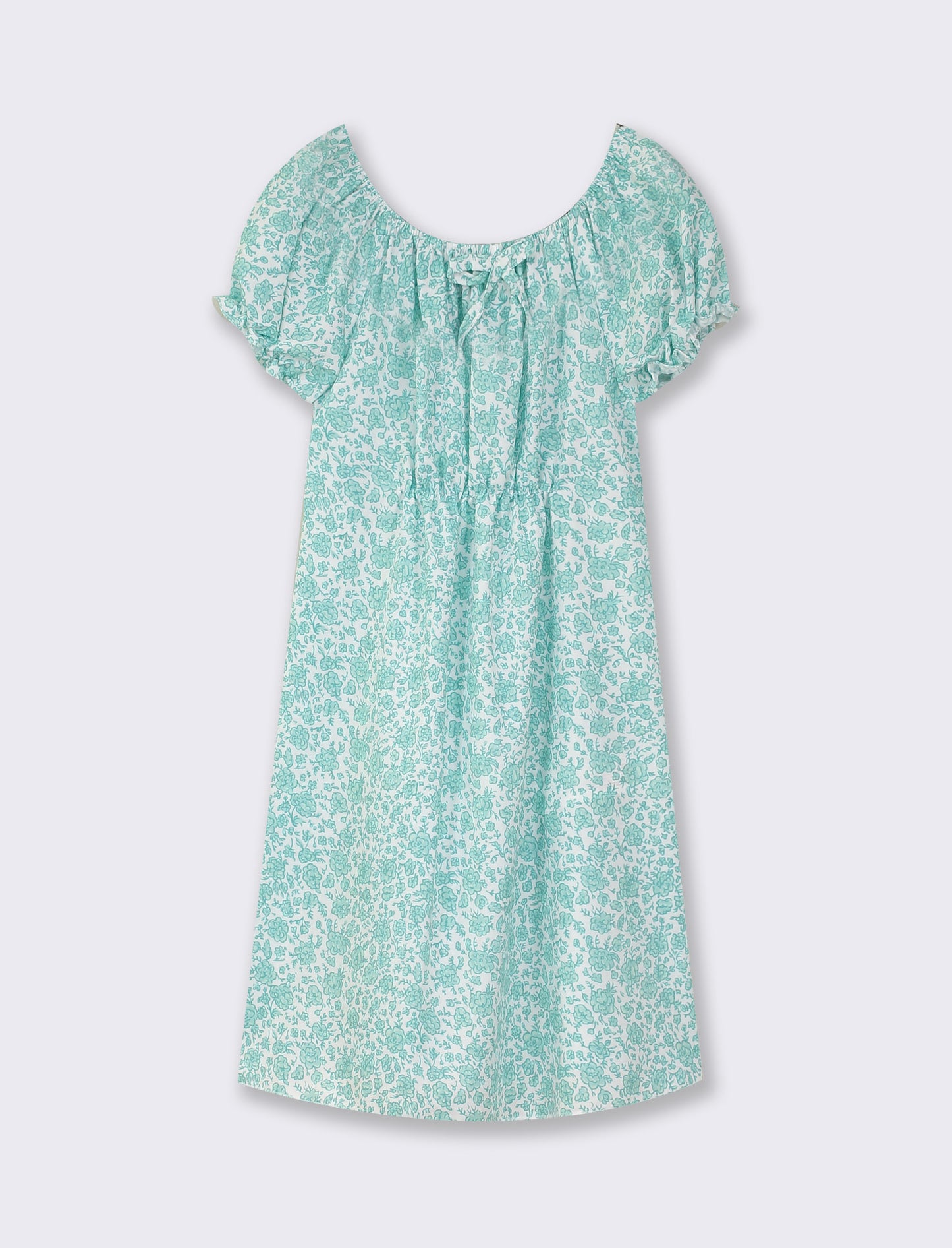 Floral Print Summer Dress with Elastic Waist and Ruffled Neckline - Green