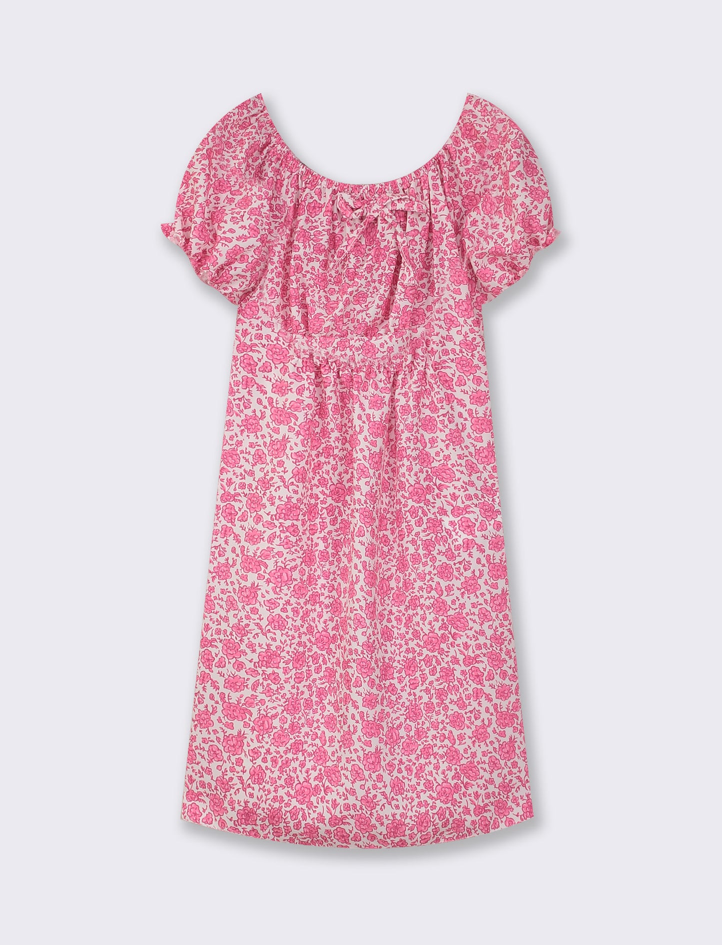 Floral Print Summer Dress with Elastic Waist and Ruffled Neckline - Fuxia