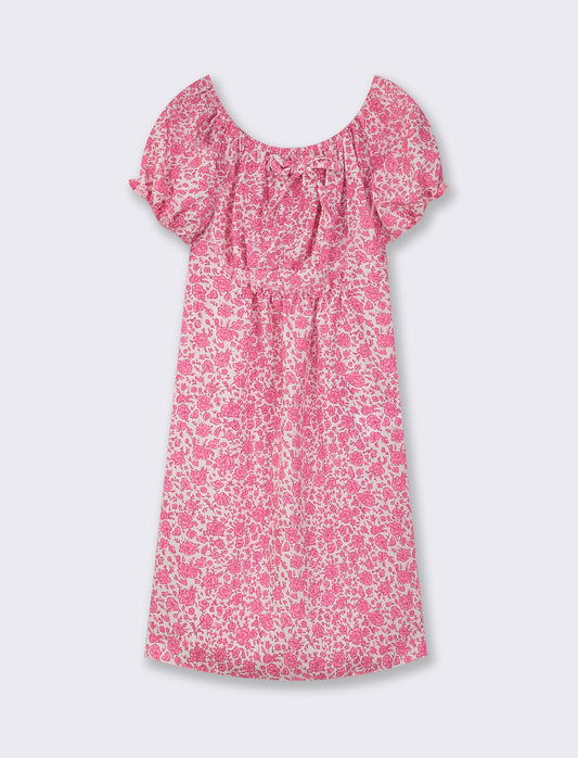 Floral Print Summer Dress with Elastic Waist and Ruffled Neckline - Fuxia