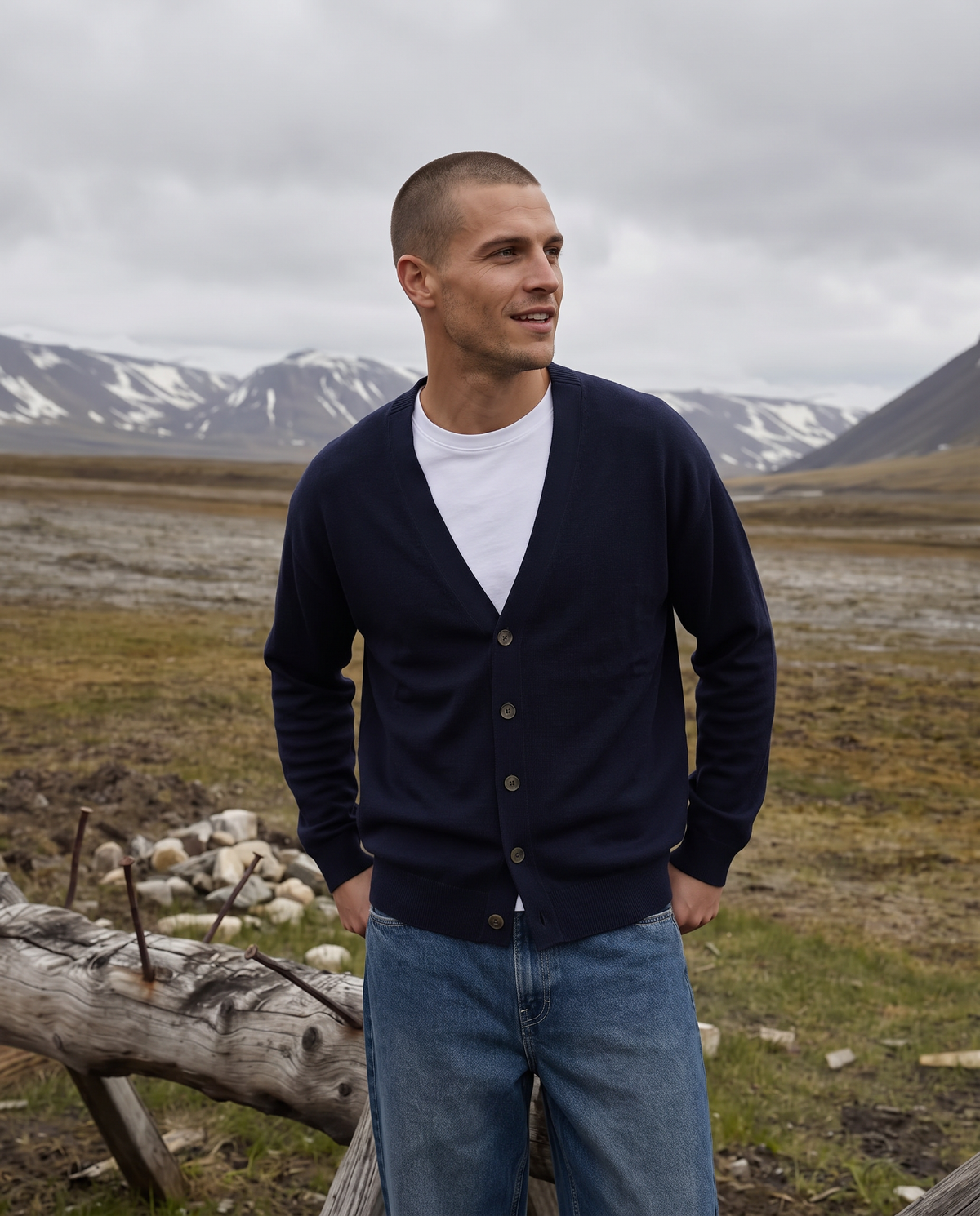 V-Neck Cardigan with Buttons - Blue