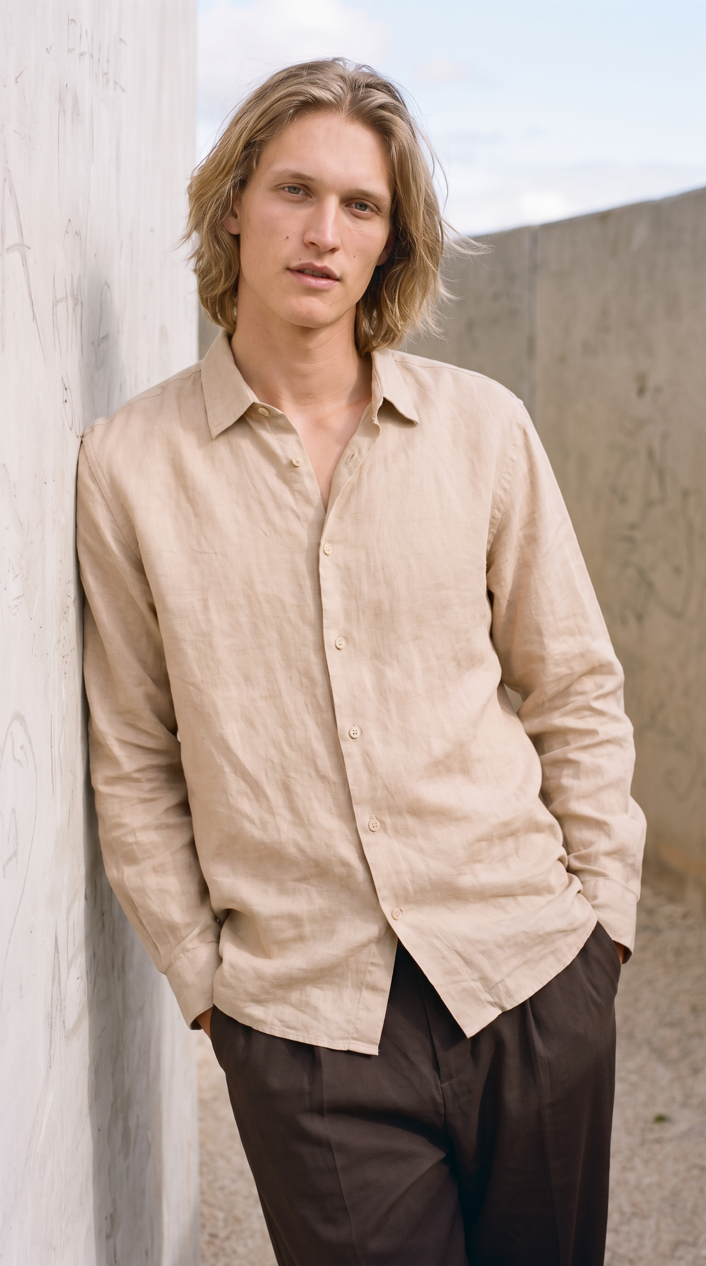 Camicia Boxy Fit con Effetto Maltinto - Beige