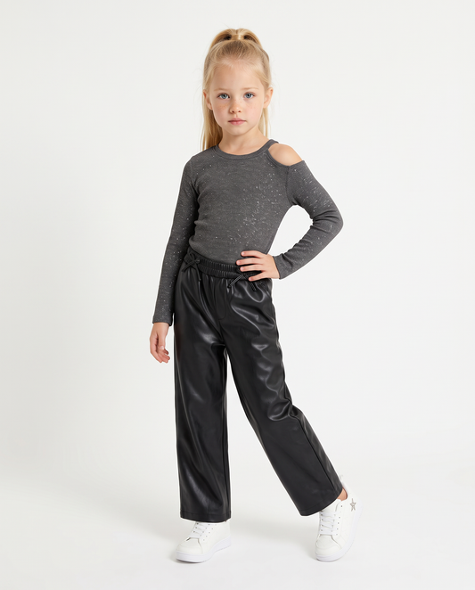 Wide leg faux leather pants with pockets - Black