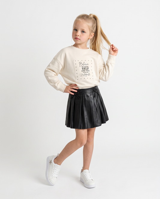 Pleated faux leather skirt with bows - Black