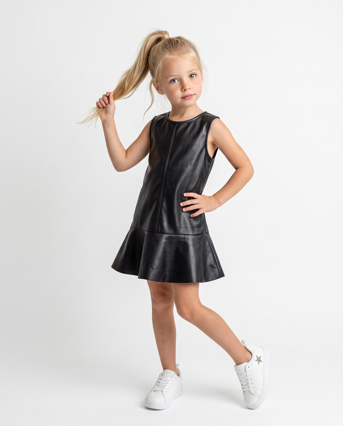 Sleeveless flared faux leather dress - Black