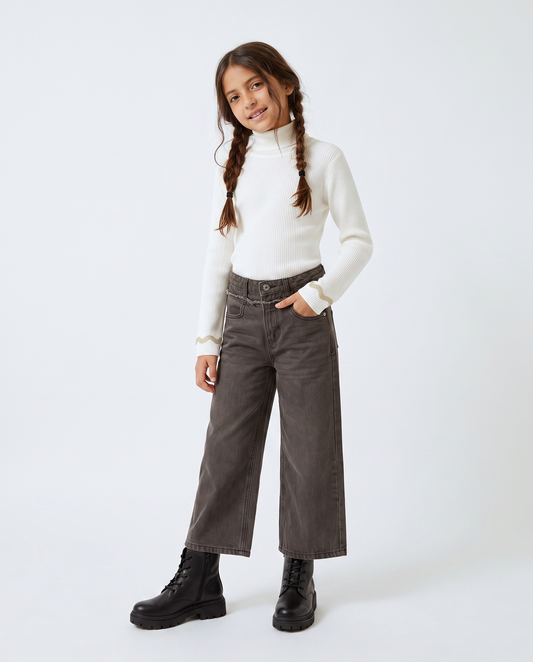 Gray wide leg jeans with frayed hem - Black