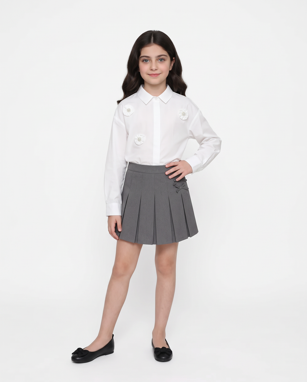 Camicia manica lunga con fiori e perline - Bianco latte