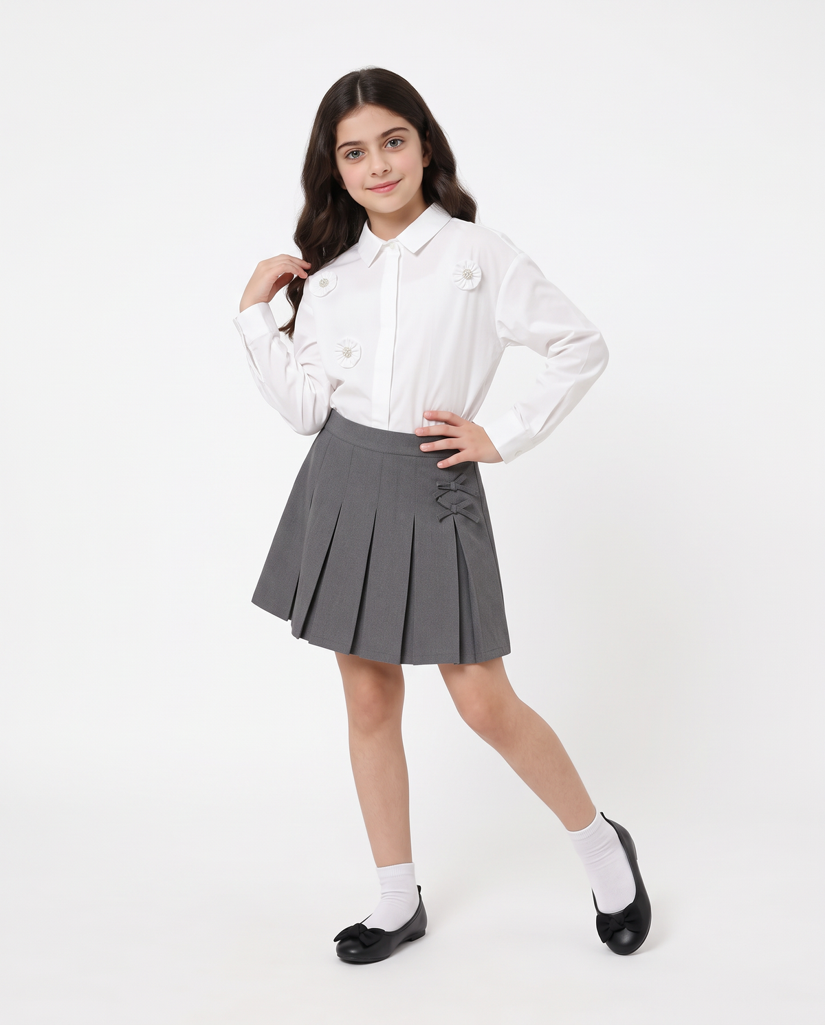 Camicia manica lunga con fiori e perline - Bianco latte