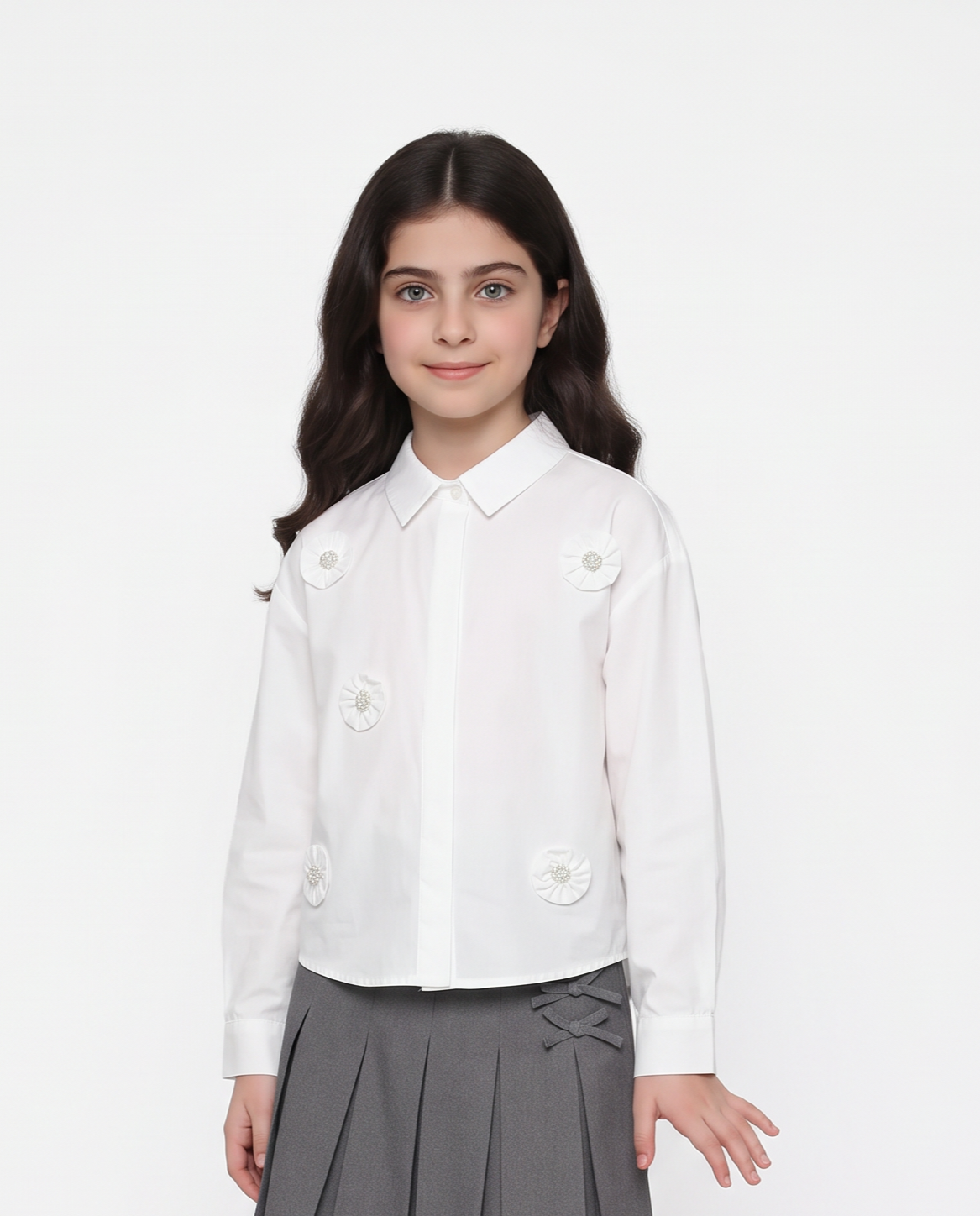 Camicia manica lunga con fiori e perline - Bianco latte