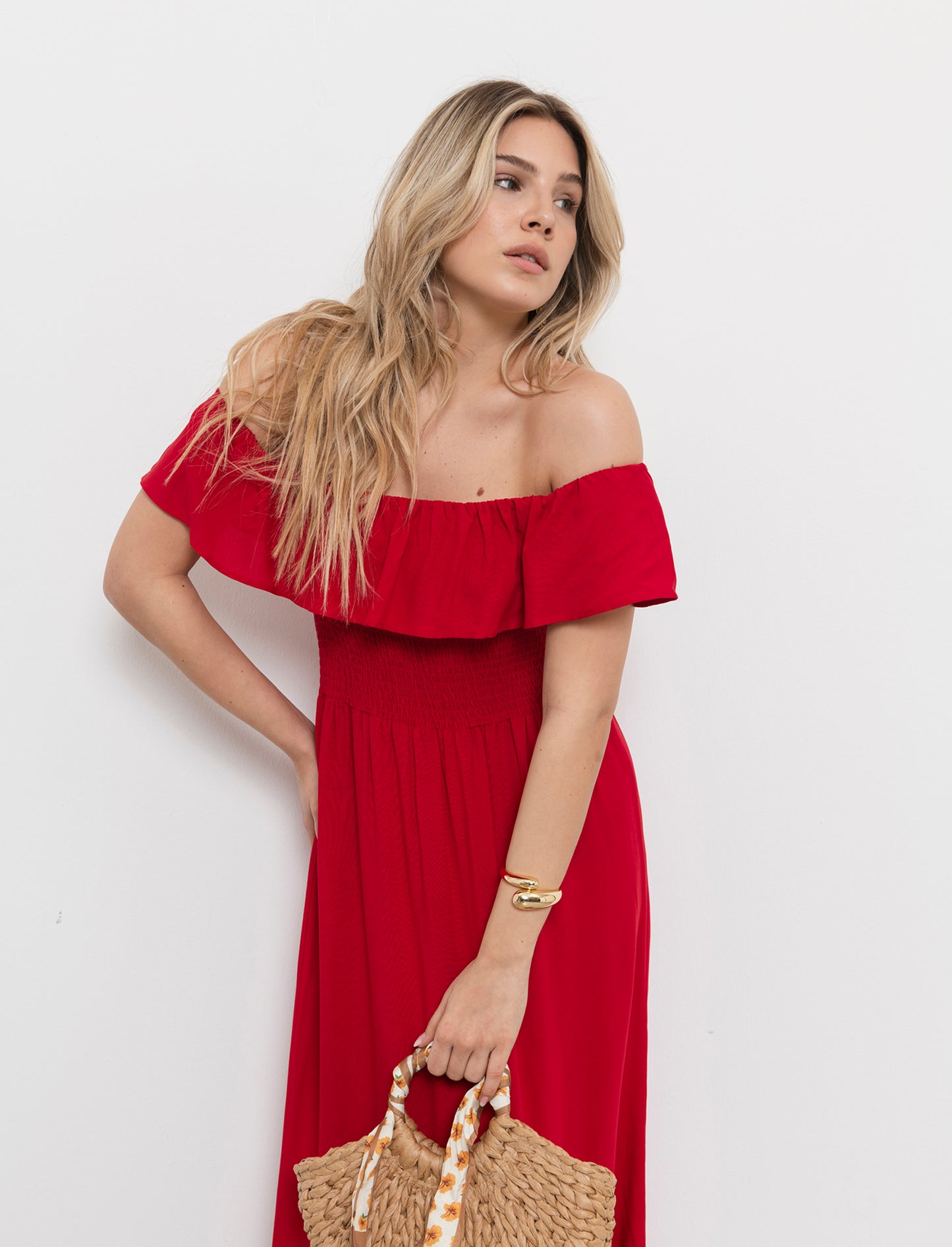 Vestito lungo off shoulder da donna - Rosso scarlatto
