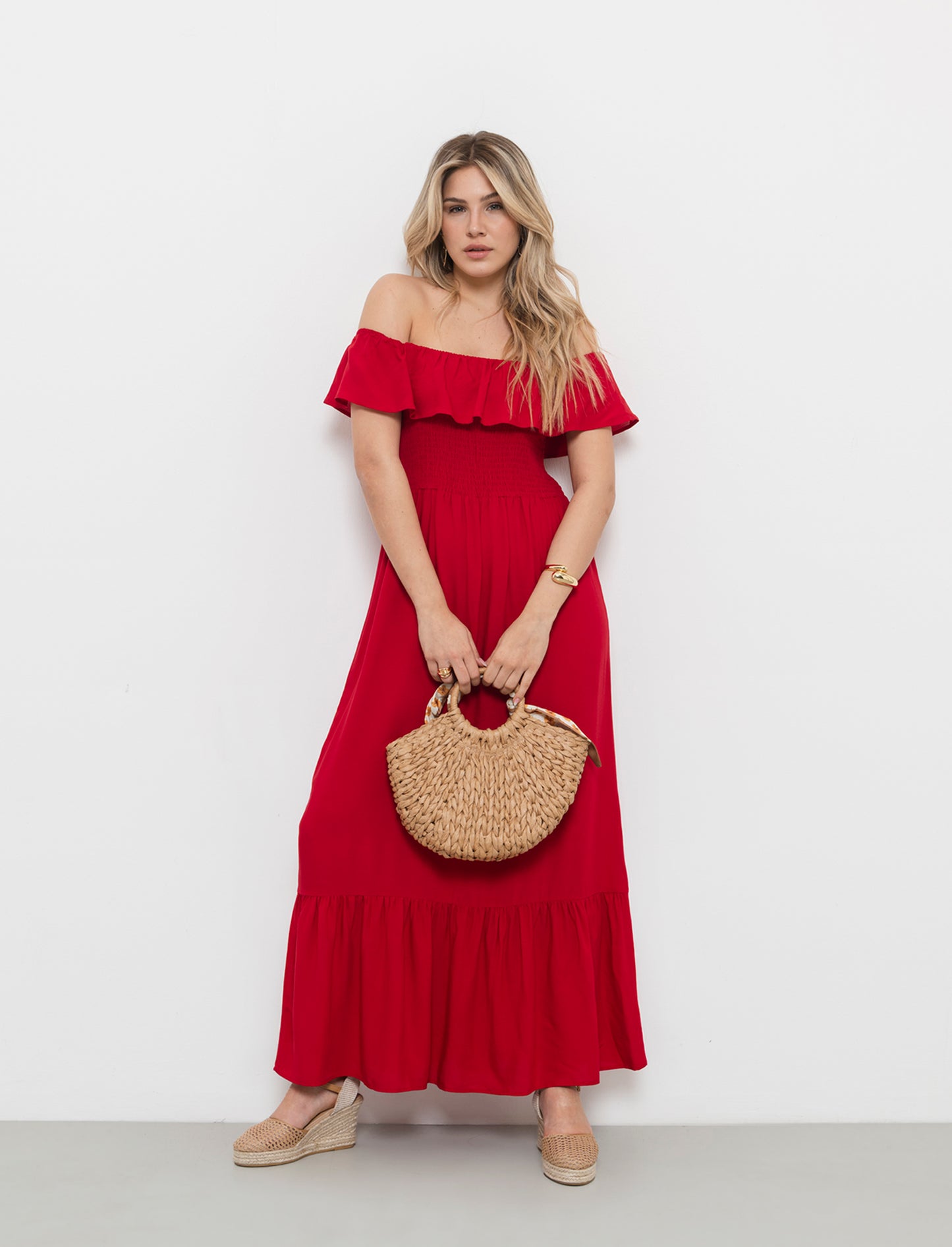 Vestito lungo off shoulder da donna - Rosso scarlatto