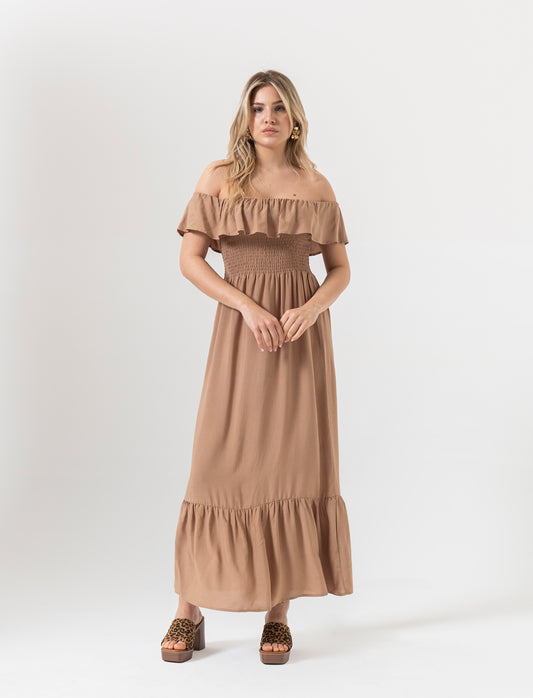 Vestito lungo off shoulder da donna - Caramello
