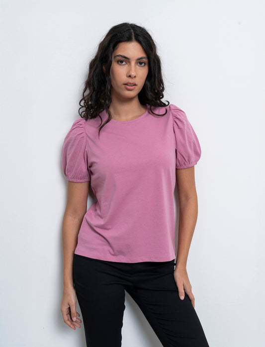 T-shirt con manica a sbuffo da donna - Rosa polvere
