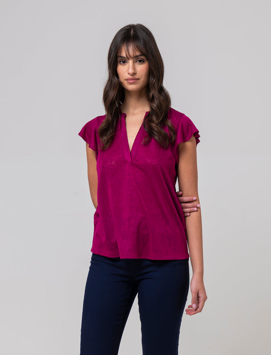 T-shirt scollo a v da donna - Rosso india