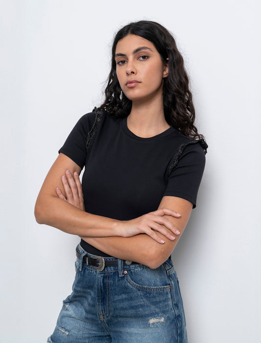 Woman's ruffled sleeve t-shirt - Black