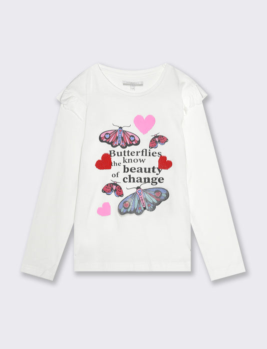 T-shirt con stampa e paillettes da bambina - Bianco latte