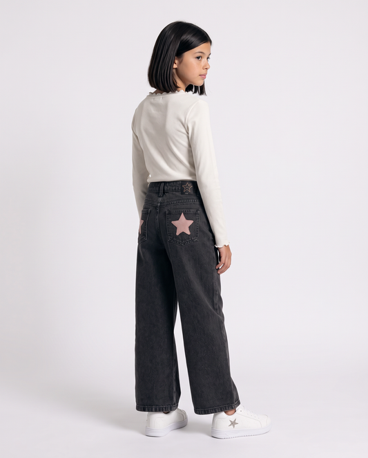 Black wide leg jeans with patches and studs - Black