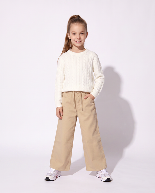 Pullover bambina girocollo a trecce - Bianco latte