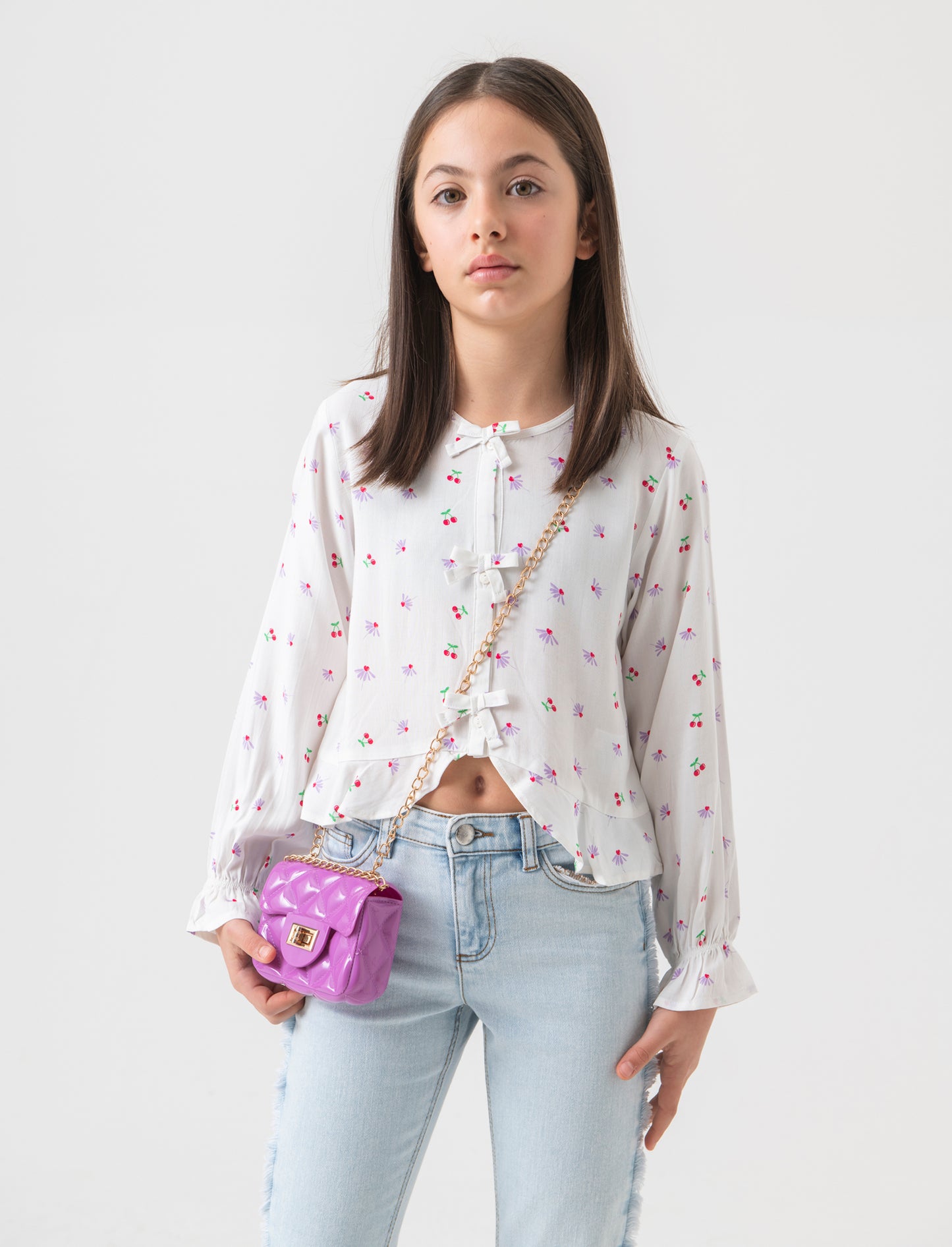 Camicia in viscosa stampata da bambina - Bianco latte